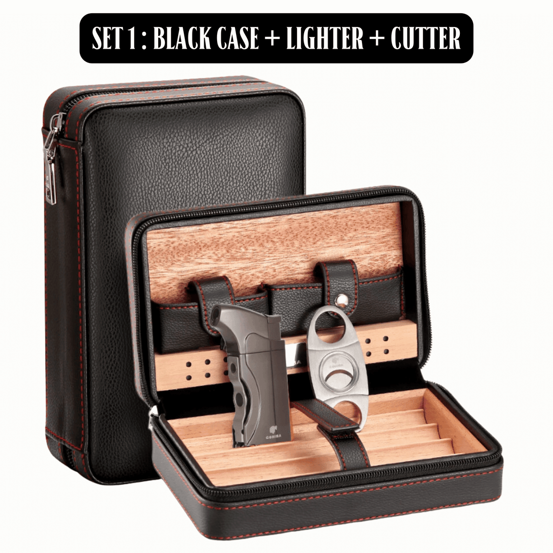 Luxury On-the-Go: Leather-Bound Portable Case And Humidor With Lighter and Cutter Ensemble! - Fluid And Fire