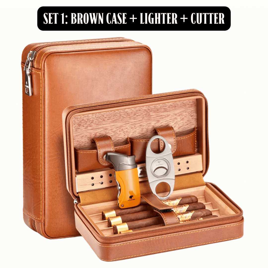 Luxury On-the-Go: Leather-Bound Portable Case And Humidor With Lighter and Cutter Ensemble! - Fluid And Fire