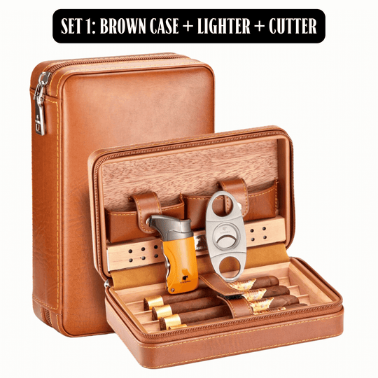 Luxury On-the-Go: Leather-Bound Portable Case And Humidor With Lighter and Cutter Ensemble! - Fluid And Fire