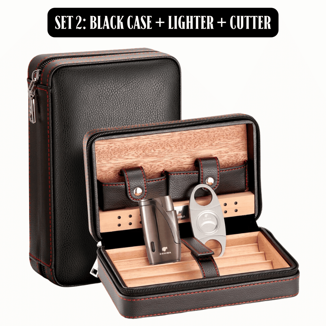 Luxury On-the-Go: Leather-Bound Portable Case And Humidor With Lighter and Cutter Ensemble! - Fluid And Fire