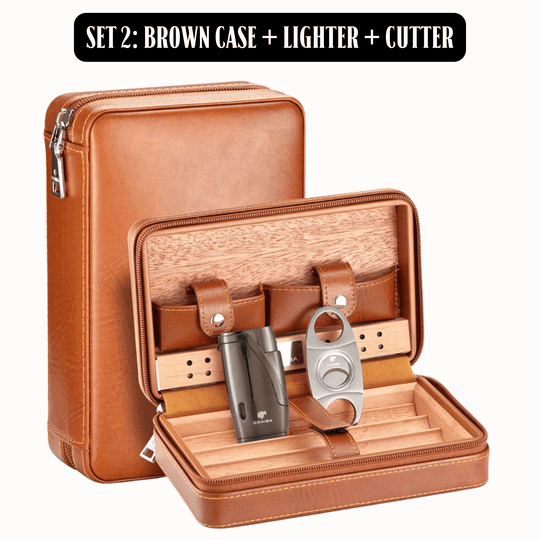 Luxury On-the-Go: Leather-Bound Portable Case And Humidor With Lighter and Cutter Ensemble! - Fluid And Fire