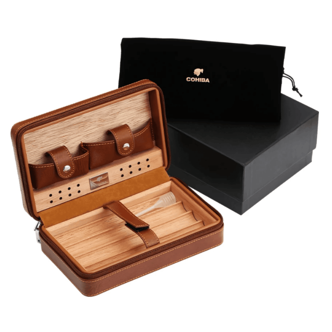 Luxury On-the-Go: Leather-Bound Portable Case And Humidor With Lighter and Cutter Ensemble! - Fluid And Fire