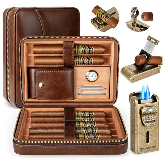 Luxury Leather Cigar Humidor with Integrated Lighter, Precision Cutter, Punch, Humidifier, and Cedar Tray