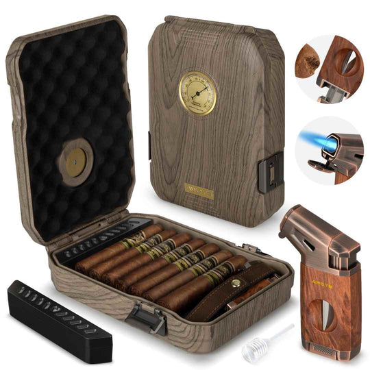 Compact High-End Portable Cigar Humidor with Secure Seal, Accessories & Exclusive Torch