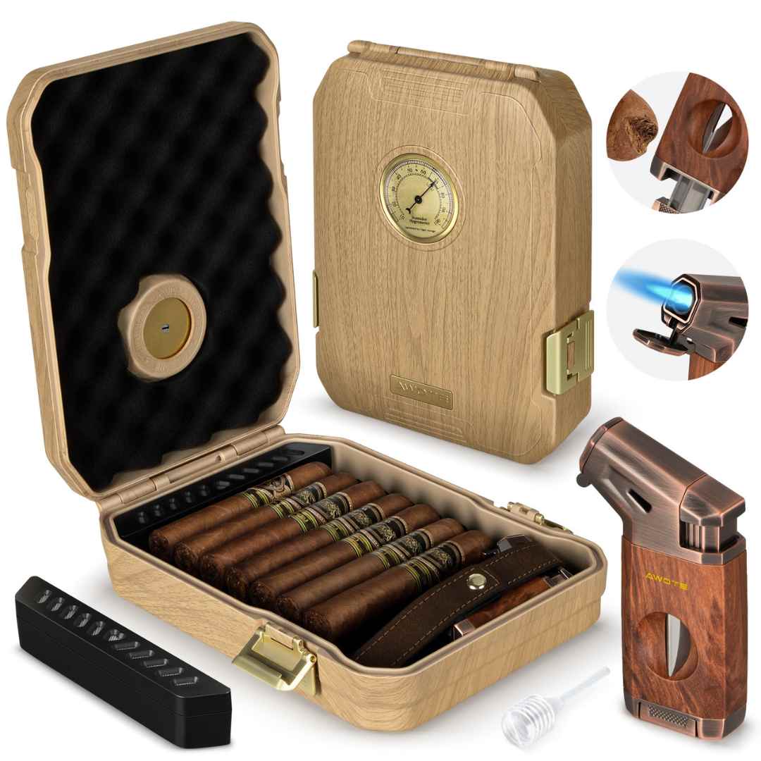 Compact High-End Portable Cigar Humidor with Secure Seal, Accessories & Exclusive Torch