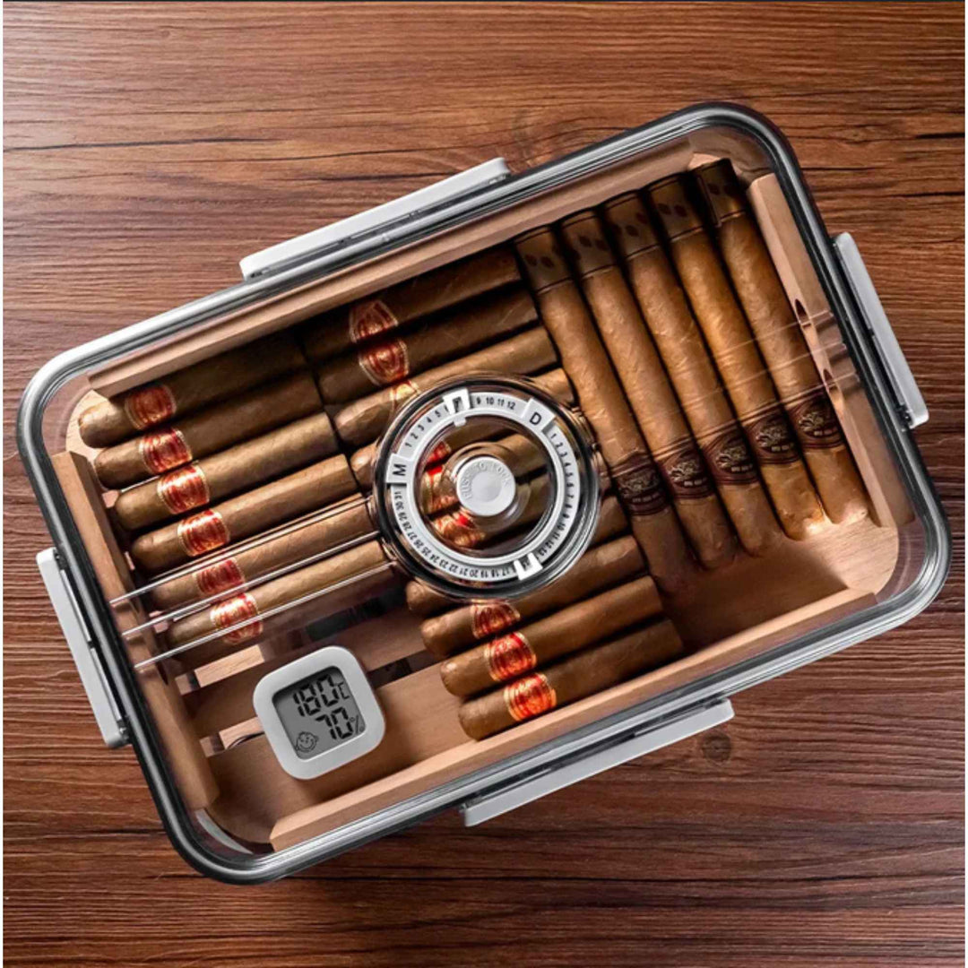 Large Capacity Translucent Cigar Humidor - Spanish Cedar Wood Interior - Built-in Hygrometer - Fluid And Fire