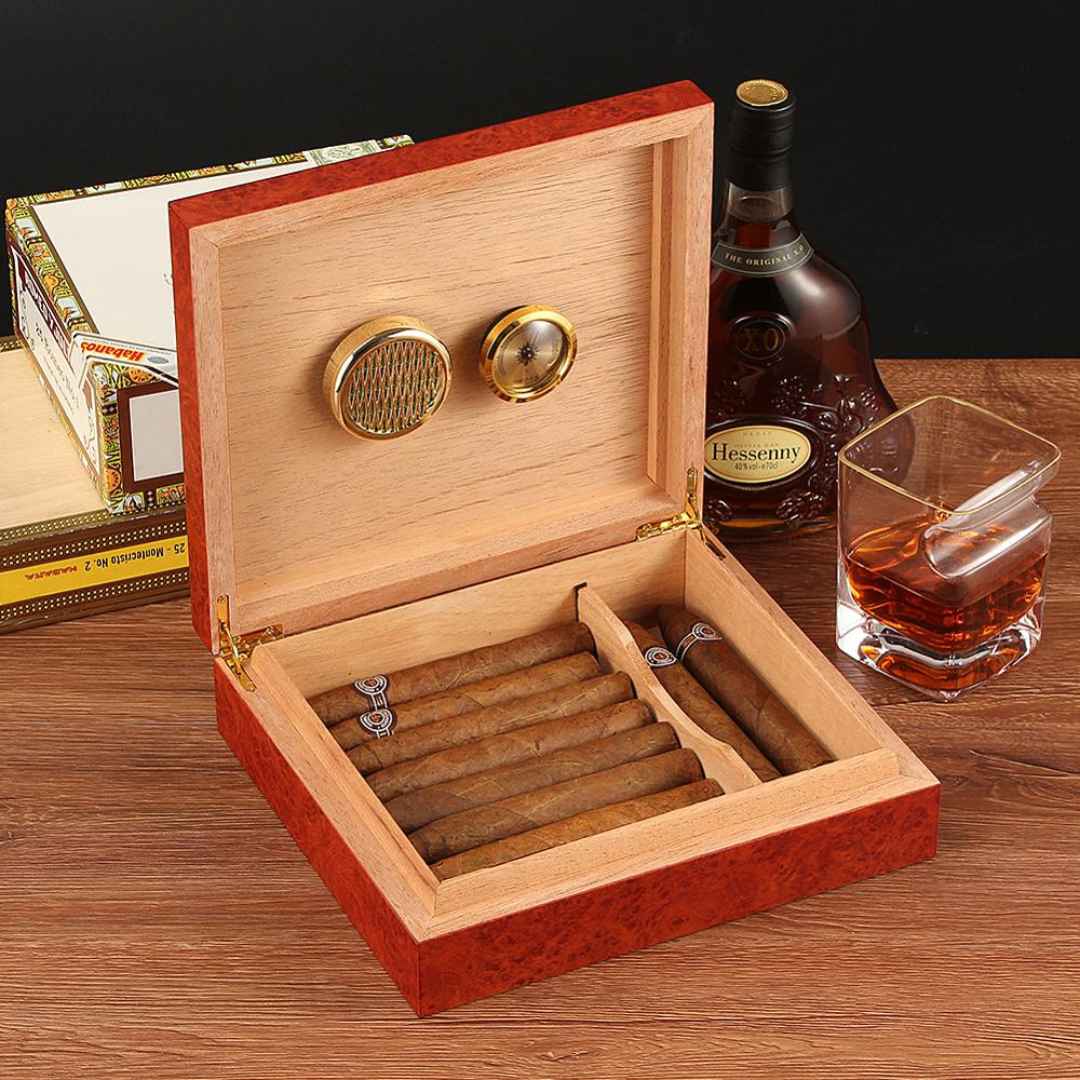 The Connoisseur's Choice: Luxurious Cigar Storage Box with Built-In Precision Hygrometer - Fits 20-30 Cigars - Fluid And Fire