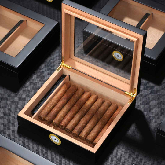 The Connoisseur's Choice: Luxurious Cigar Storage Box with Built-In Precision Hygrometer - Fits 20-30 Cigars - Fluid And Fire