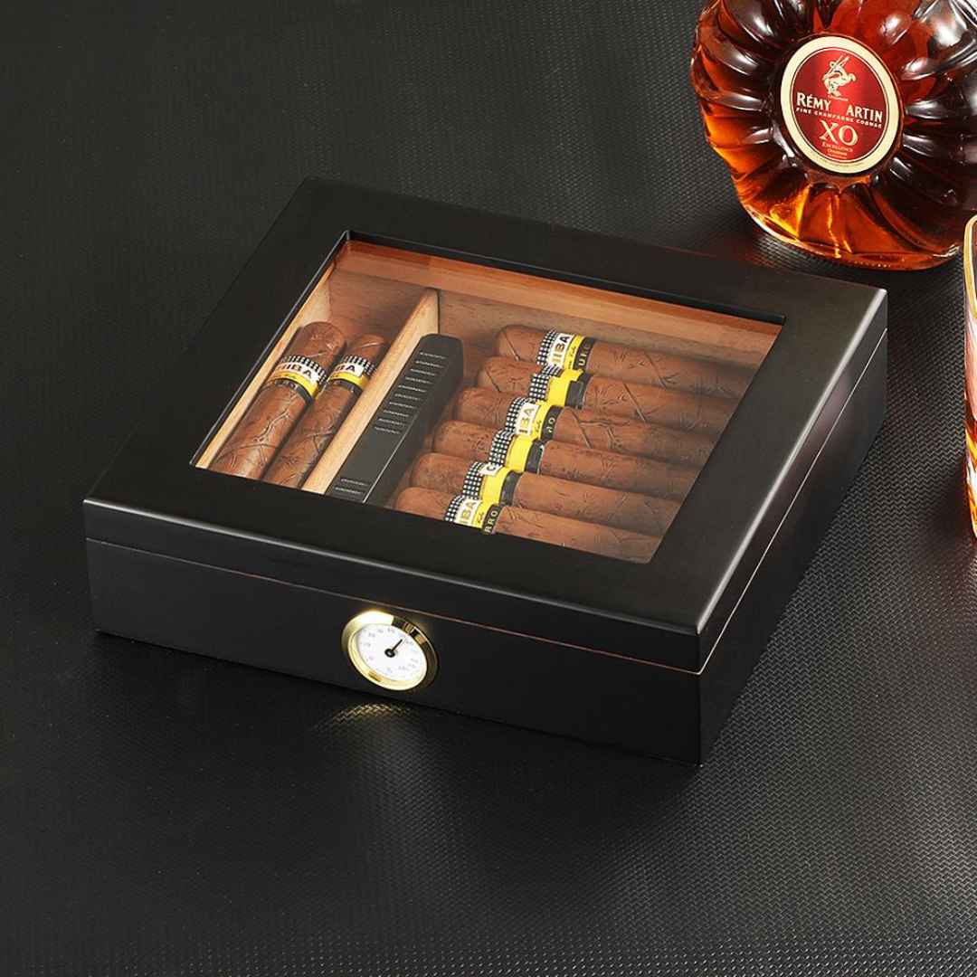 The Connoisseur's Choice: Luxurious Cigar Storage Box with Built-In Precision Hygrometer - Fits 20-30 Cigars - Fluid And Fire