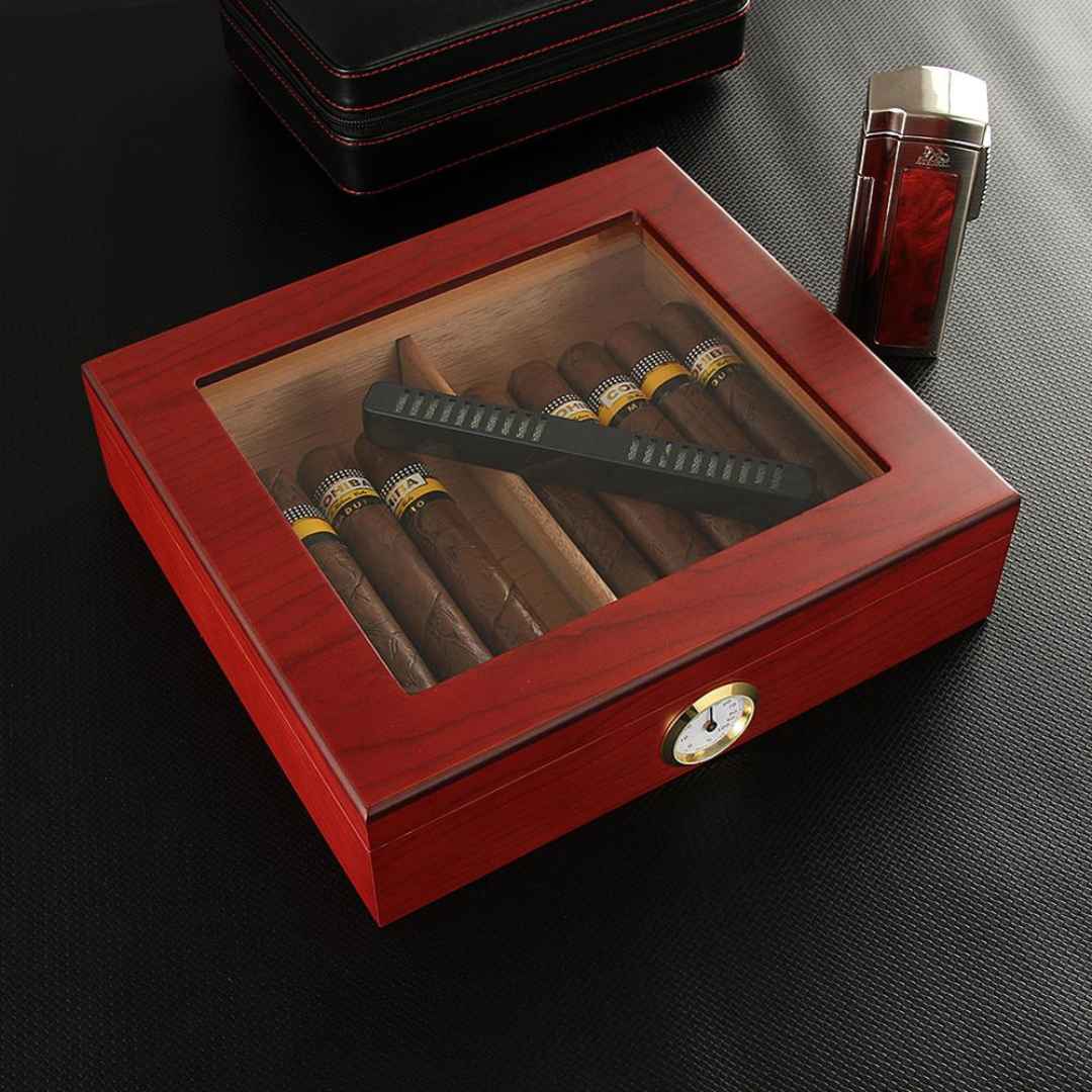 The Connoisseur's Choice: Luxurious Cigar Storage Box with Built-In Precision Hygrometer - Fits 20-30 Cigars - Fluid And Fire