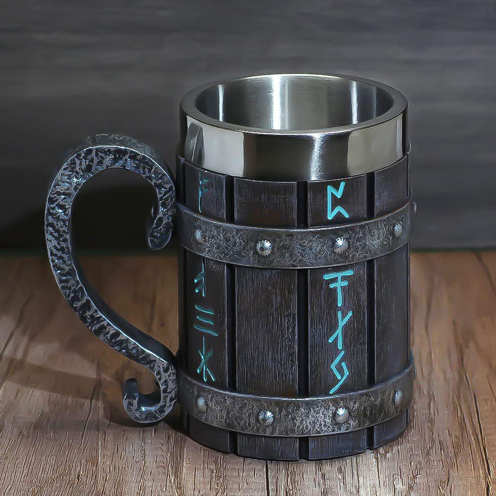 Viking Runic Tankard - Beer Stein - Odin Solid Wood Mug - Stainless Steel Mug - Fluid And Fire