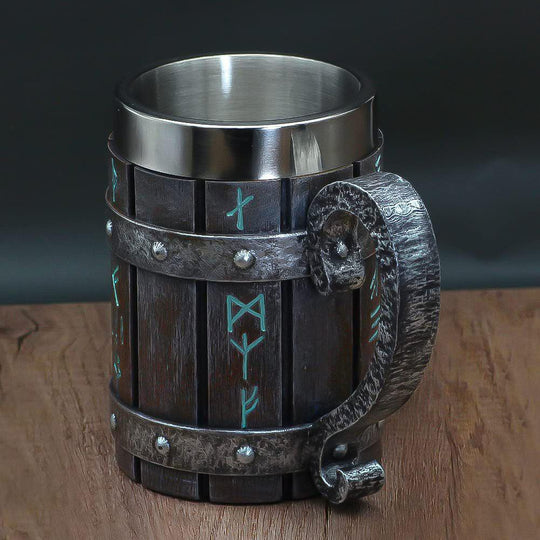 Viking Runic Tankard - Beer Stein - Odin Solid Wood Mug - Stainless Steel Mug - Fluid And Fire