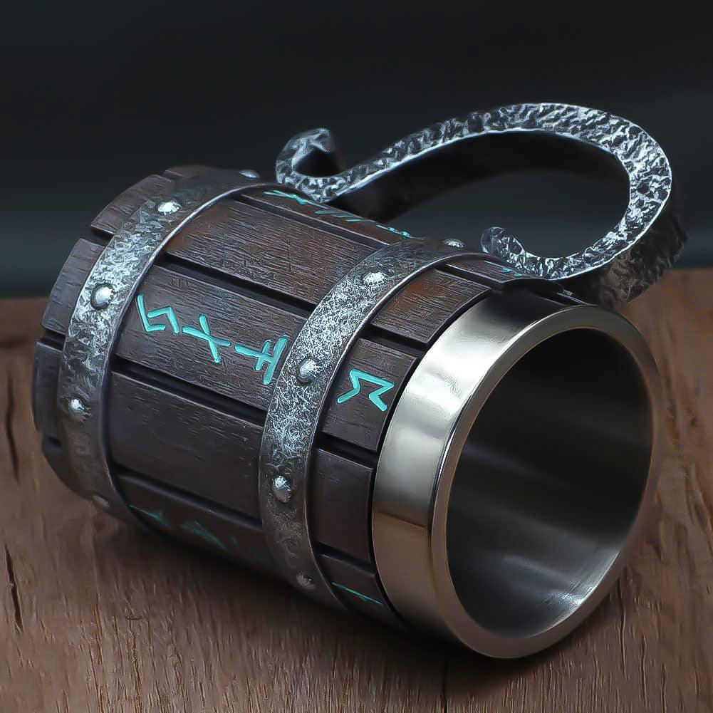 Viking Runic Tankard - Beer Stein - Odin Solid Wood Mug - Stainless Steel Mug - Fluid And Fire