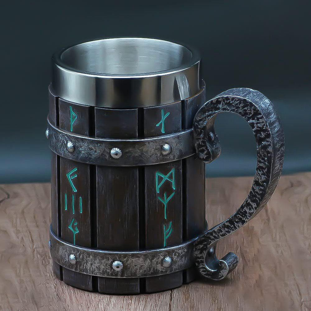 Viking Runic Tankard - Beer Stein - Odin Solid Wood Mug - Stainless Steel Mug - Fluid And Fire