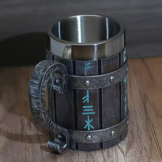 Viking Runic Tankard - Beer Stein - Odin Solid Wood Mug - Stainless Steel Mug - Fluid And Fire